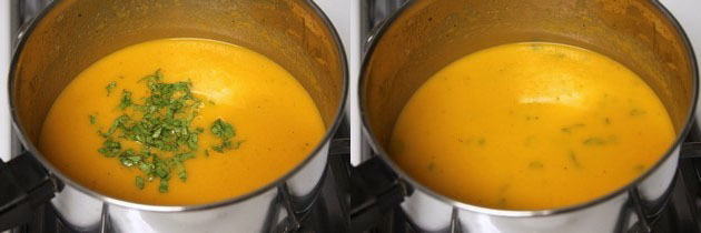 Collage of 2 images showing adding cilantro and mixed.