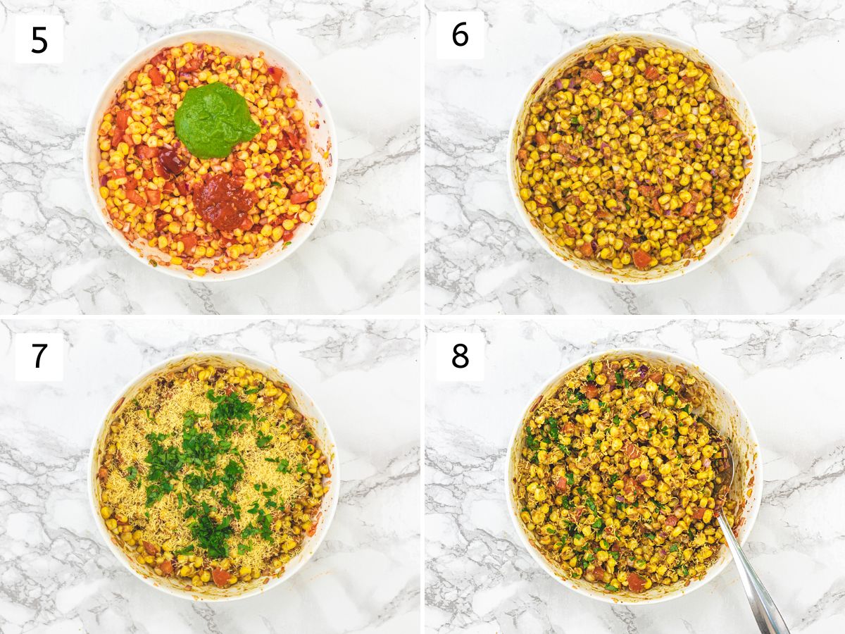 Collage of 4 images showing mixing chutney in corn veggies mixture, adding sev and cilantro.
