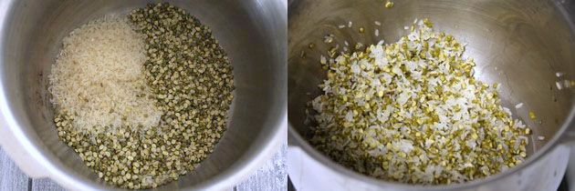 Collage of 2 images showing dal and rice in a bowl and rinsed.