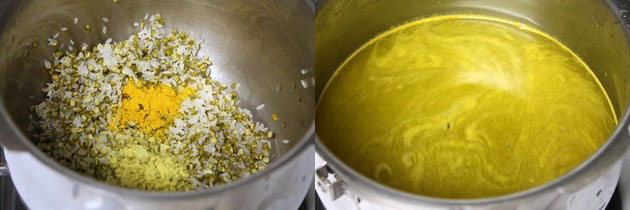 Collage of 2 images showing adding turmeric and hing and adding water.