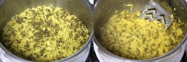 Collage of 2 images showing cooked khichdi and mixed.