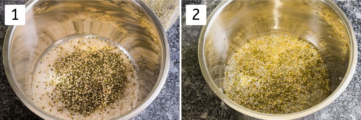 Collage of 2 images showing dal, rice in instant pot liner and soaked in water.