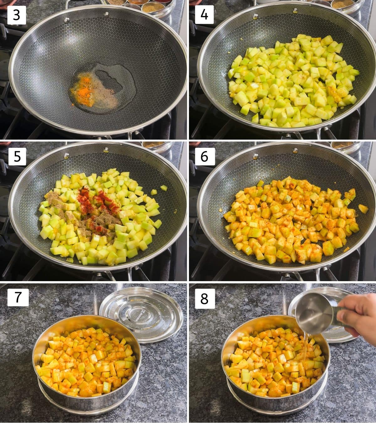 Collage of 6 images showing sauteing lauki with spices and transferring to an insert, adding water.