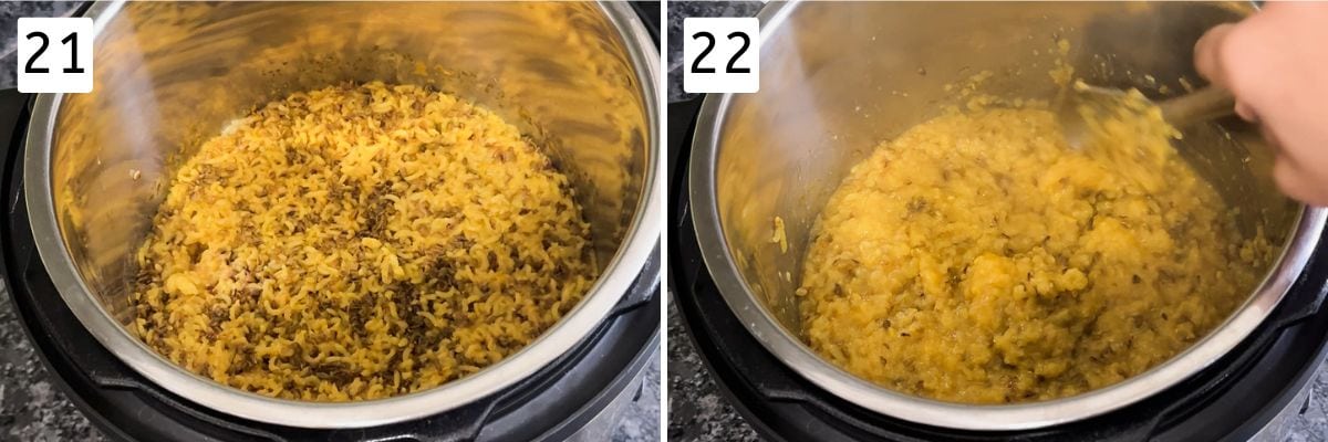 Collage of 2 images showing cooked khichdi and mixed with spoon.