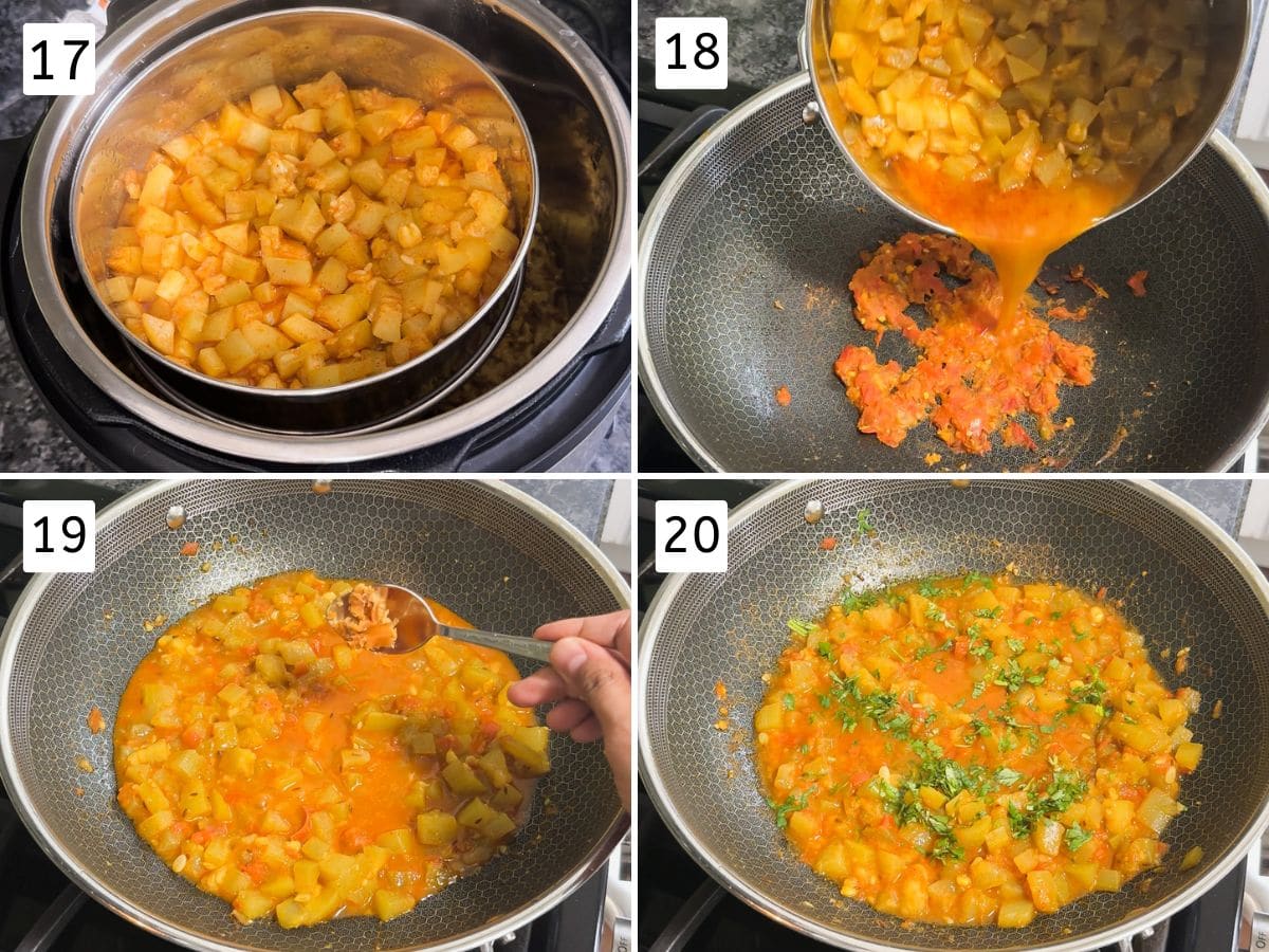 Collage of 4 images showing cooked lauki, adding to cooked tomatoes, adding jaggery and cilantro.