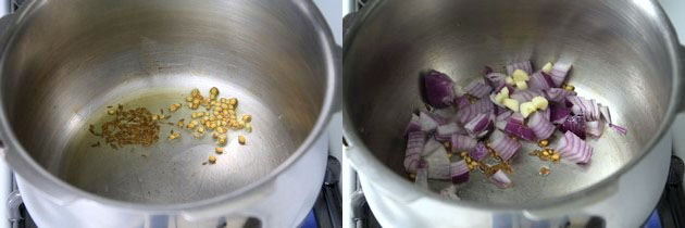 Collage of 2 images showing tempering cumin and coriander seeds and adding onion garlic.