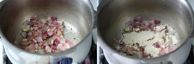 Collage of 2 images showing cooked onion and adding wheat flour.