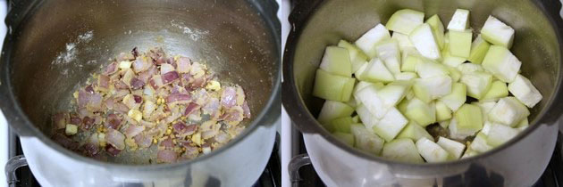 Collage of 2 images showing cooking wheat flour and adding lauki.