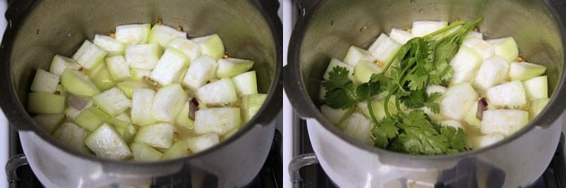 Collage of 2 images showing adding water and cilantro.