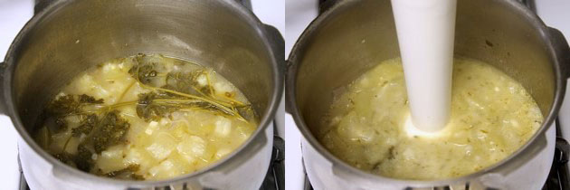 Collage of 2 images showing cooked soup mixture and blending.