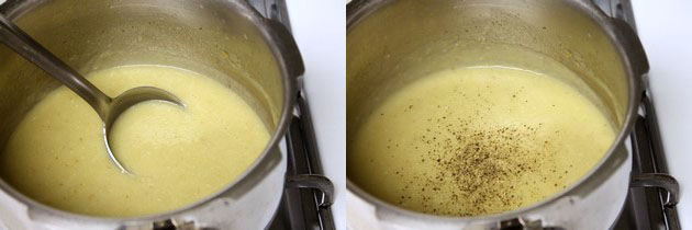 Collage of 2 images showing pureed soup and adding black pepper.