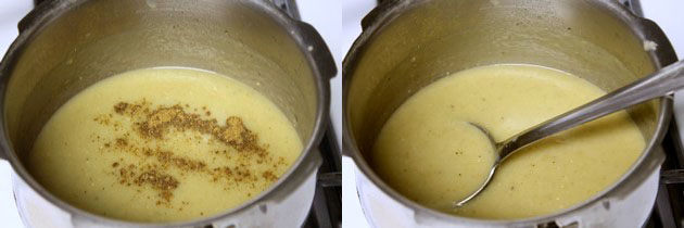 Collage of 2 images showing adding garam masala and mixed.