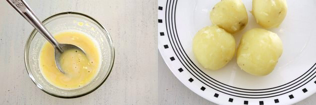 Collage of 2 images showing besan paste and boiled potatoes.