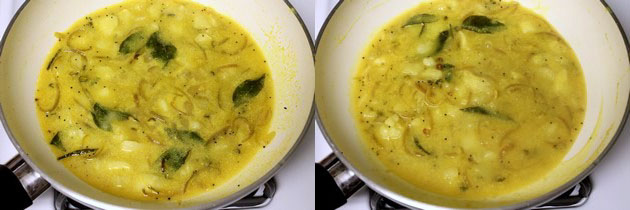 Collage of 2 images showing simmering gravy.