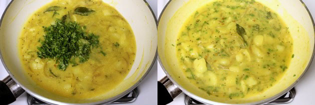 Collage of 2 images showing adding cilantro and mixed.