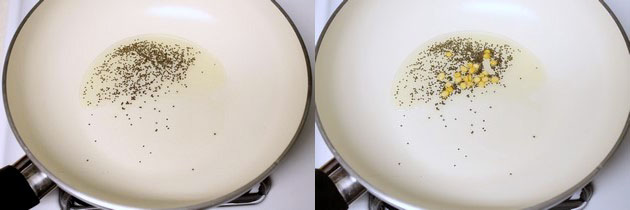 Collage of 2 images showing tempering of mustard seeds and chana dal.