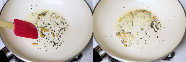 Collage of 2 images showing adding urad dal.