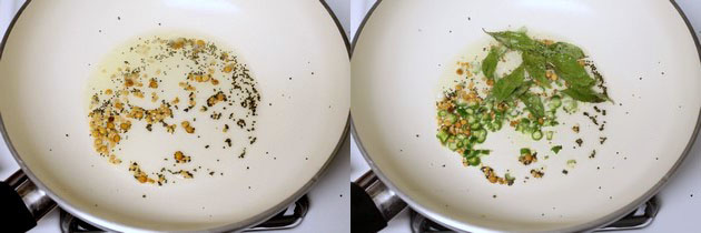 Collage of 2 images showing fried urad dal and adding green chili and curry leaves.