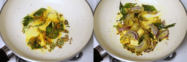 Collage of 2 images showing adding turmeric and onion.