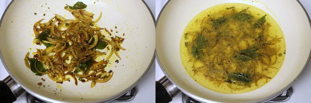 Collage of 2 images showing cooked onion and adding water.
