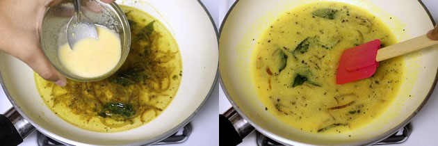 Collage of 2 images showing adding besan water and mixed.