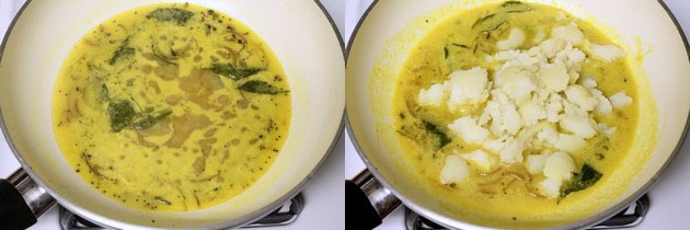 Collage of 2 images showing simmering gravy and adding potatoes.