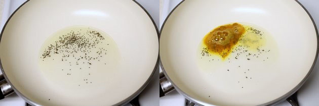 Collage of 2 images showing tempering mustard seeds and adding turmeric and hing.