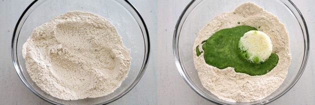 Collage of 2 images showing dry flour, spice mixture and adding puree and boiled potato.