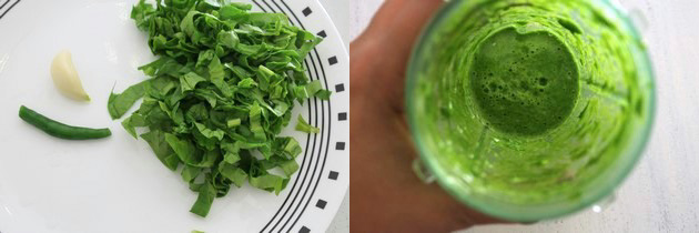 Collage of 2 images showing chopped spinach, green chili and garlic in a plate and ground paste in a grinder.
