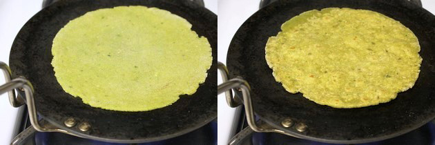 Collage of 2 images showing cooking paratha on tawa.