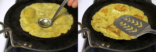 Collage of 2 images showing cooking another side using oil and pressing with spatula.
