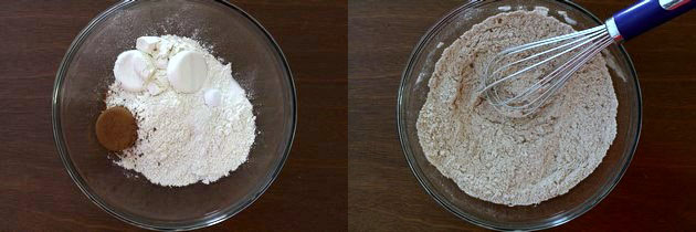 Collage of 2 images showing dry ingredients in a bowl and whisked.