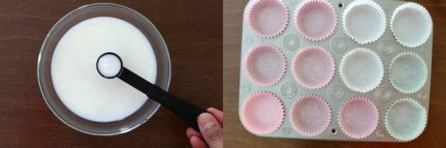 Collage of 2 images showing making buttermilk and lined muffin tray with cupcake liners.