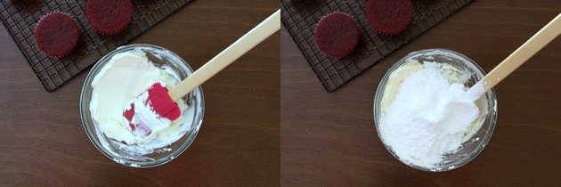 Collage of 2 images showing whipped the butter and cream cheese and adding powdered sugar.