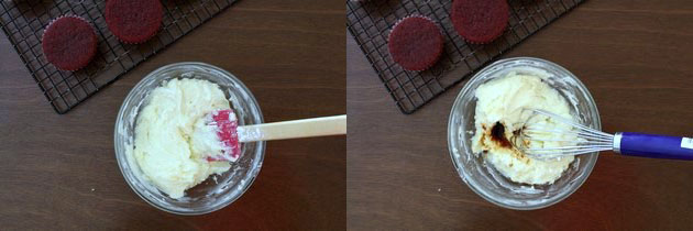 Collage of 2 images showing whisking and adding vanilla.