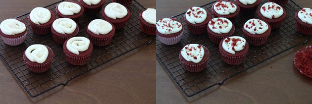 Collage of 2 images showing frosted cupcakes and garnished with crumbled cupcake crumbs.