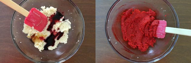Collage of 2 images showing adding red food color and mixed.