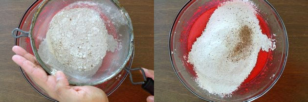 Collage of 2 images showing sifting flour mixture in a bowl.