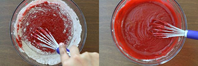 Collage of 2 images showing mixing flour to make cupcake batter.