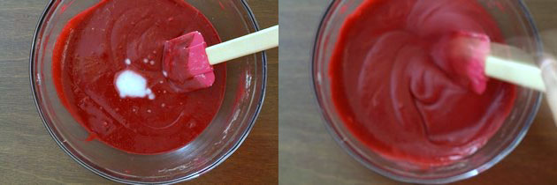 Collage of 2 images showing adding bakig soda, vinegar mixture to the batter and mixed.