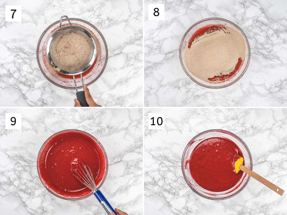 Collage of 4 images showing sifting flour into wet bowl and mixing to make a batter.