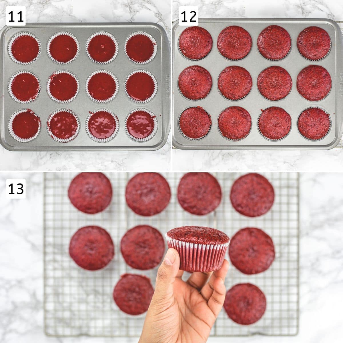 Collage of 3 images showing batter into muffin pan, baked cupcakes and on a cooling rack.