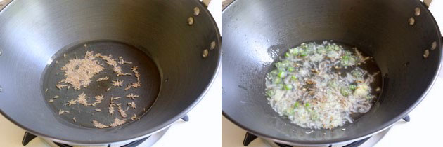 Collage of 2 images showing adding cumi in the oil and sauteing ginger and green chili.