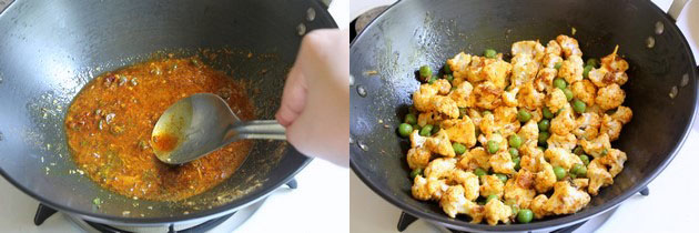 Collage of 2 images showing adding spices in the oil and mixing cauliflower and peas in it.