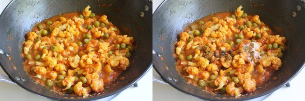 Collage of 2 images showing cooked veggies and adding rest spices.