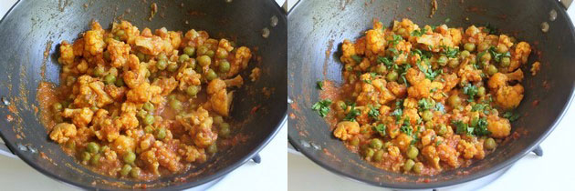 Collage of 2 images showing adding cilantro and mixing.