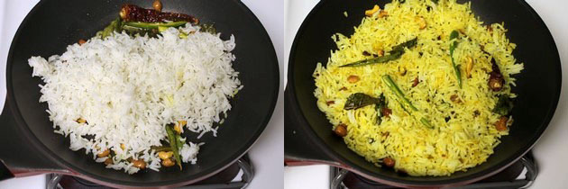 Collage of 2 images showing adding and mixing rice.