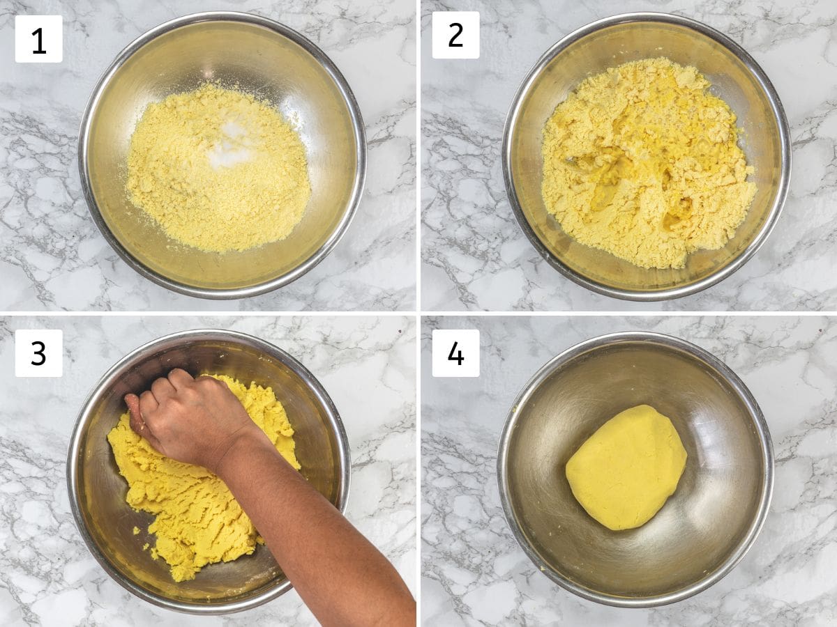 Collage of 4 images showing kneading the dough.