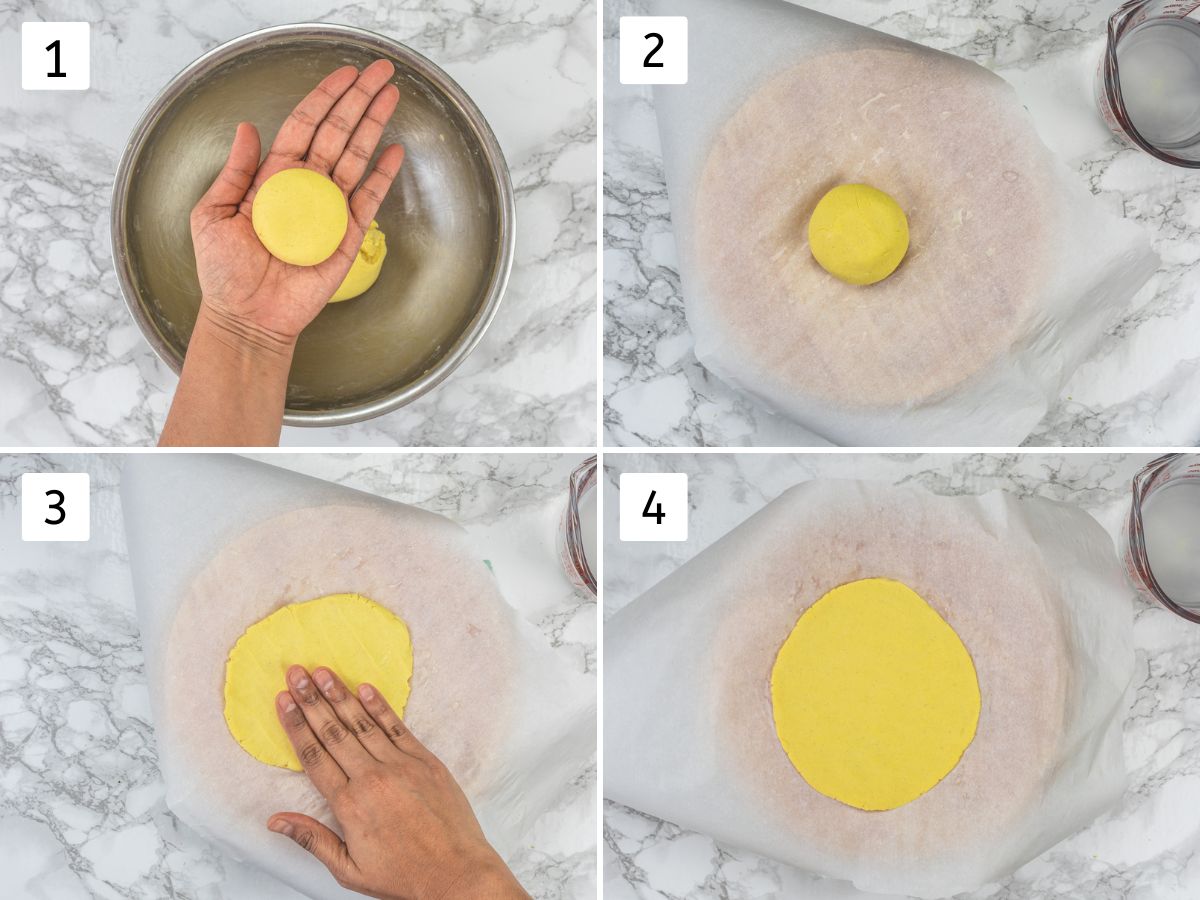 Collage of 4 images showing baking small balls and shaping into roti.
