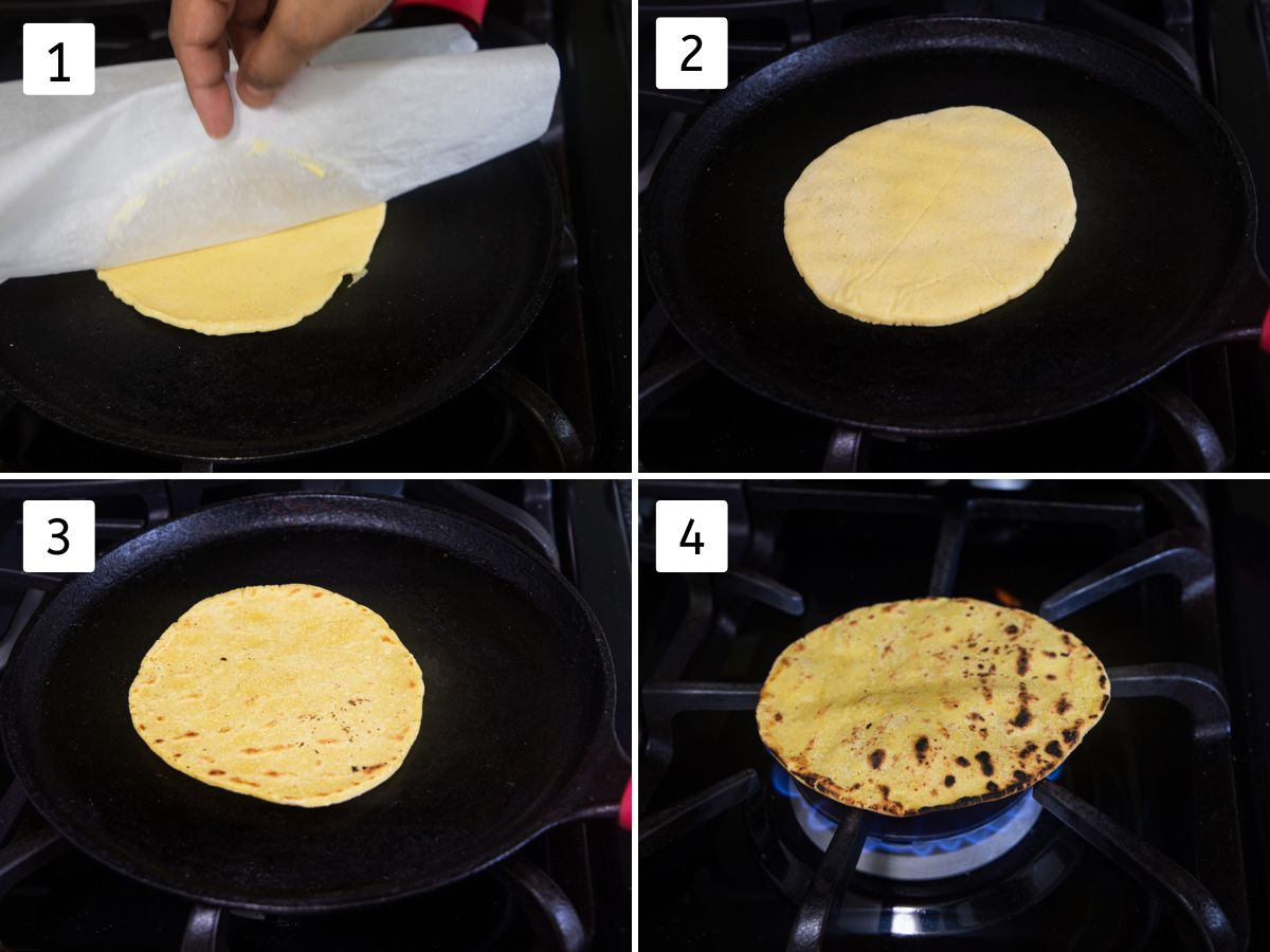 Collage of 4 images showing cooking roti on skillet and the on direct flame.